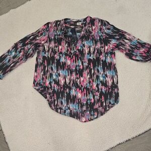 Manhattan Blues Abstract Brushstroke Print V Neck Roll Tab Sleeve Blouse Women M